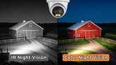 Farm night vision camera comparison — Dual Light color footage versus Smart IR black-and-white at 30 meters on a working farm at night