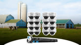 Farm and ranch PoE security camera system layout covering barn, livestock pen, driveway, and perimeter zones