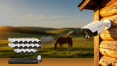 Farm security camera system diagram showing 7 zones — barn, livestock pen, perimeter fence, equipment storage, fuel tank, workshop, and main house entry